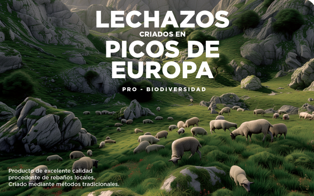 Lechazos pastando con el texto lechazos criados en picos de europa. Lechazos pro - biodiversidad