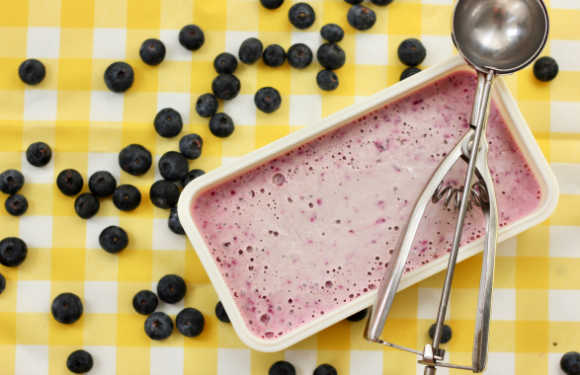 tarrina de helado de arándanos con arándanos al rededor